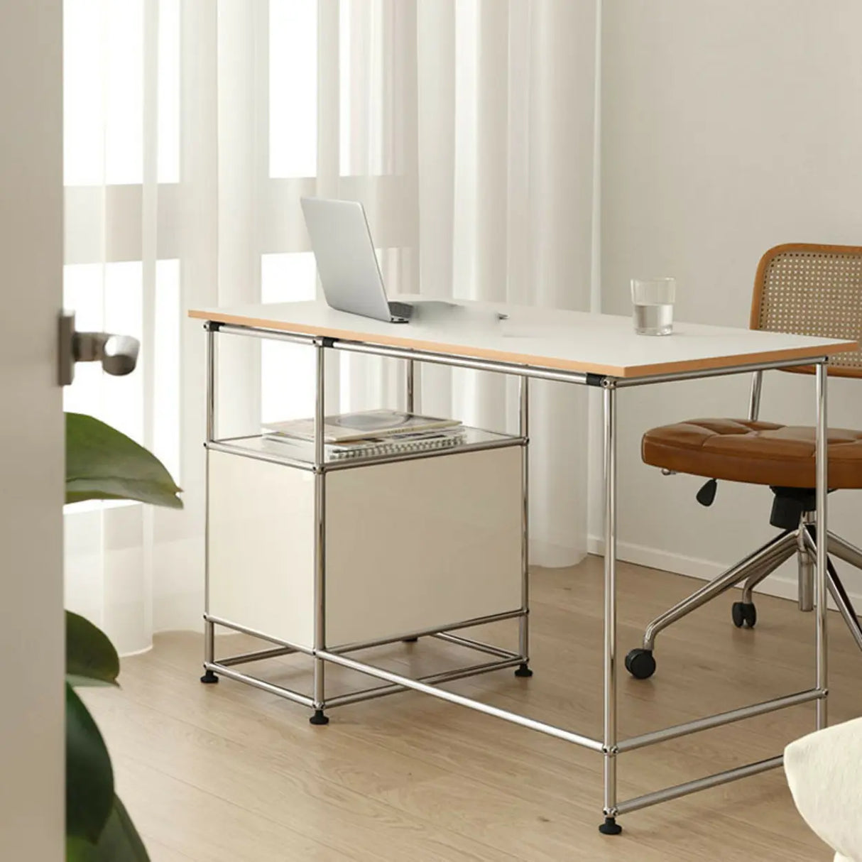 Simplicity White Wood Silver H-Shape Computer Desk Image - 5