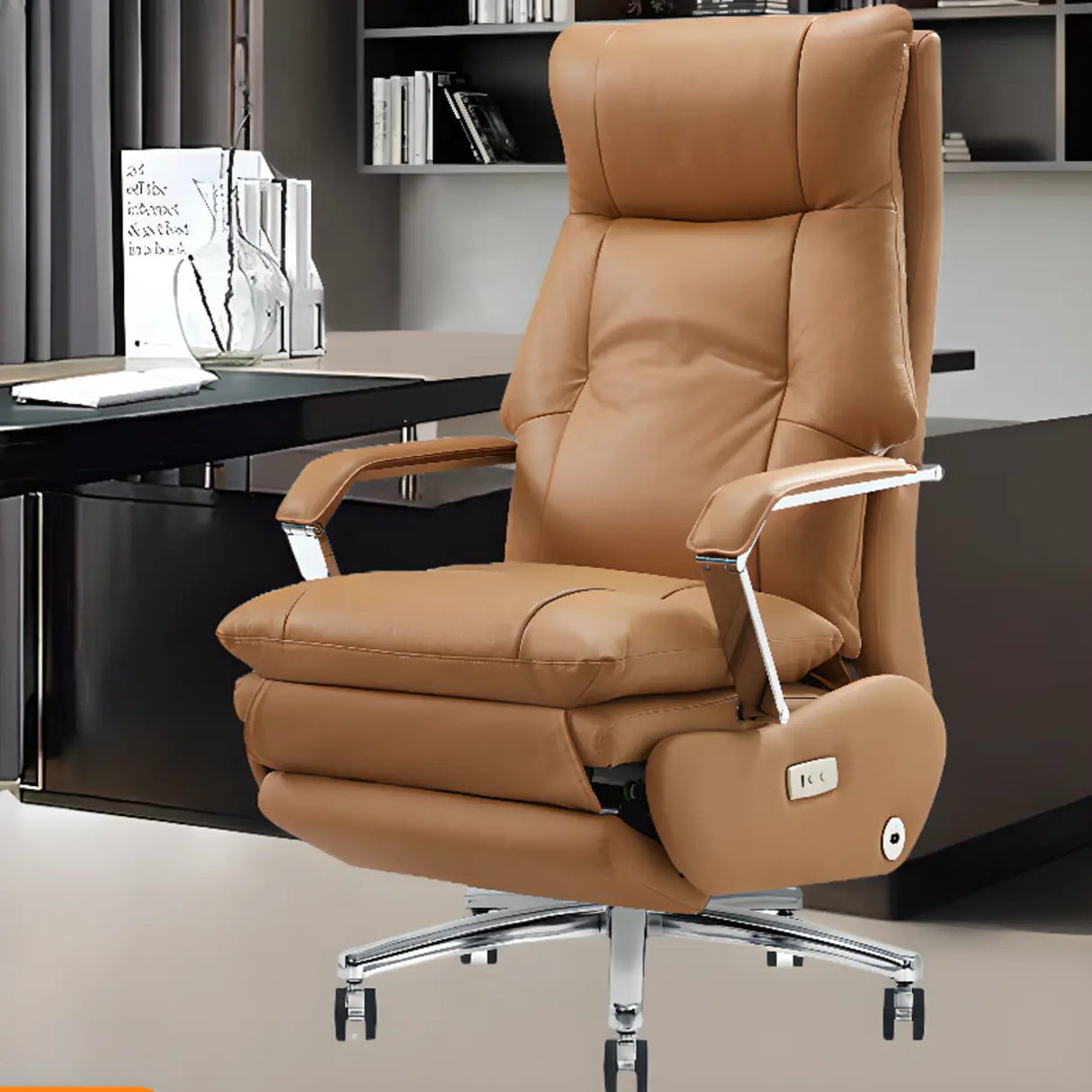 Simplistic Ergonomic Cowhide Executive Orange Office Chair Image - 1
