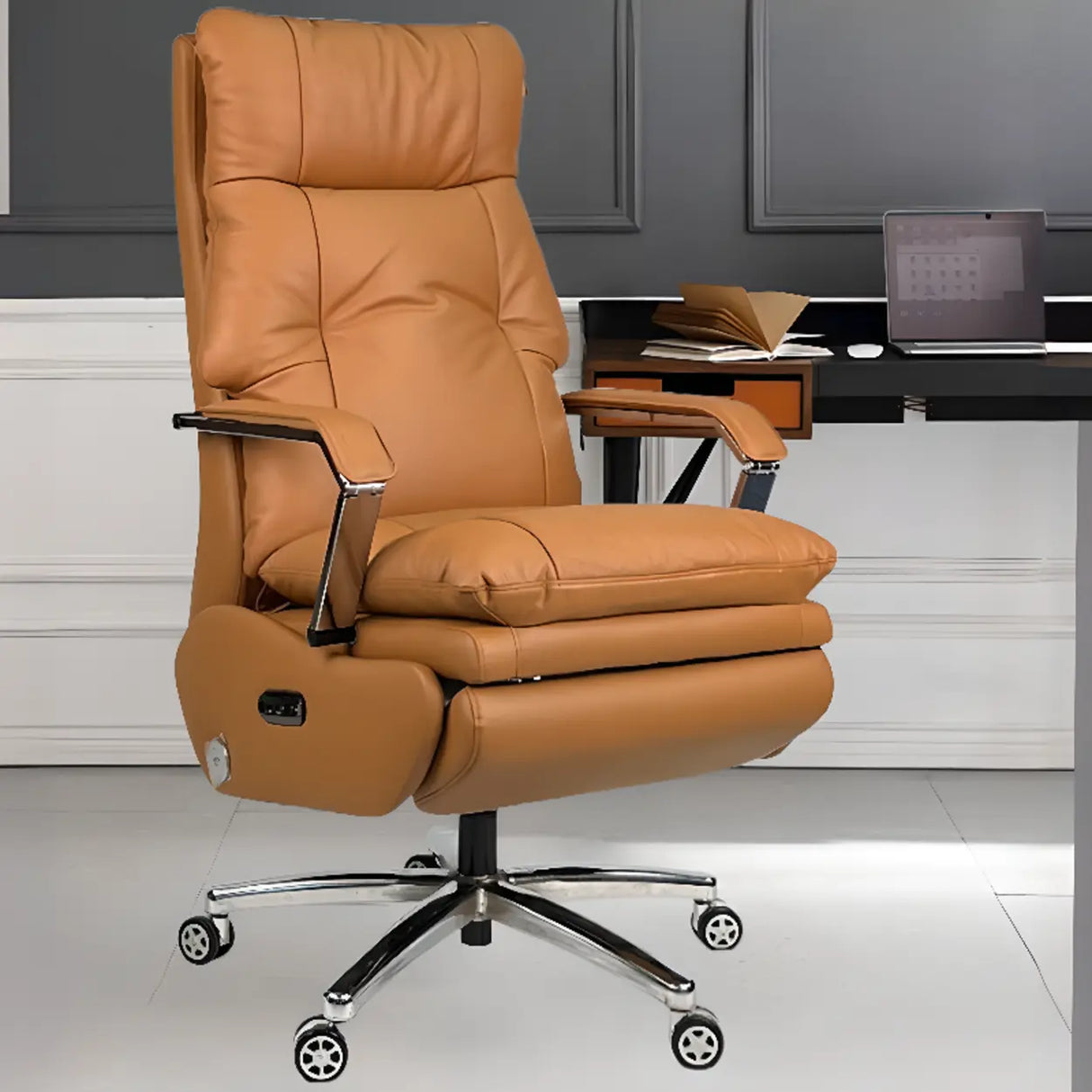 Simplistic Ergonomic Cowhide Executive Orange Office Chair Image - 6