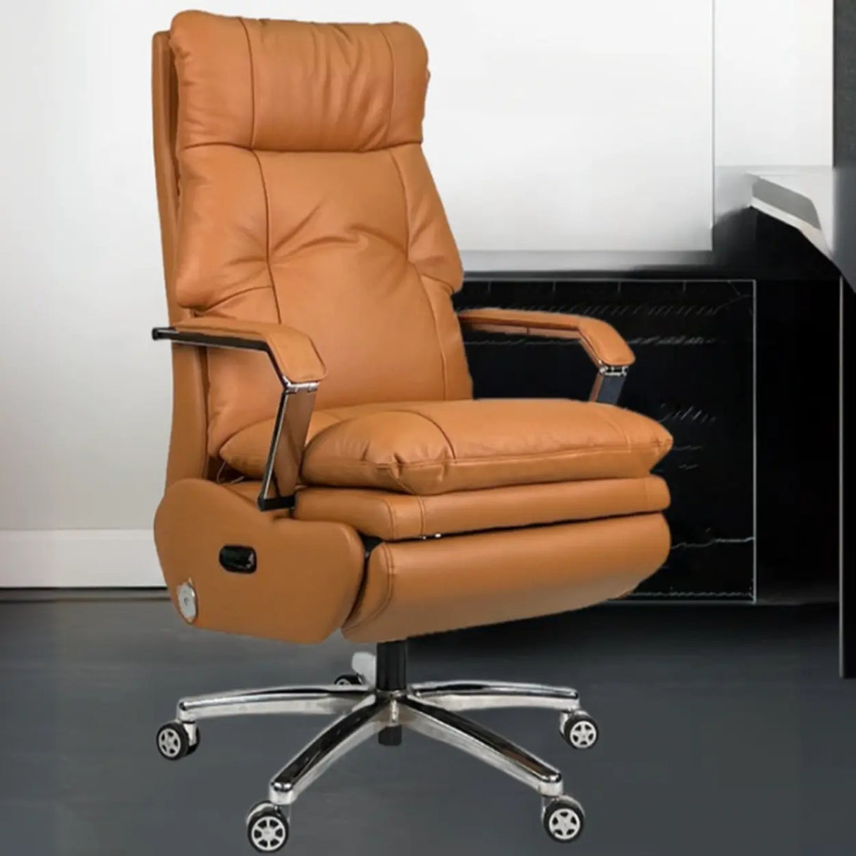 Simplistic Ergonomic Cowhide Executive Orange Office Chair Image - 8