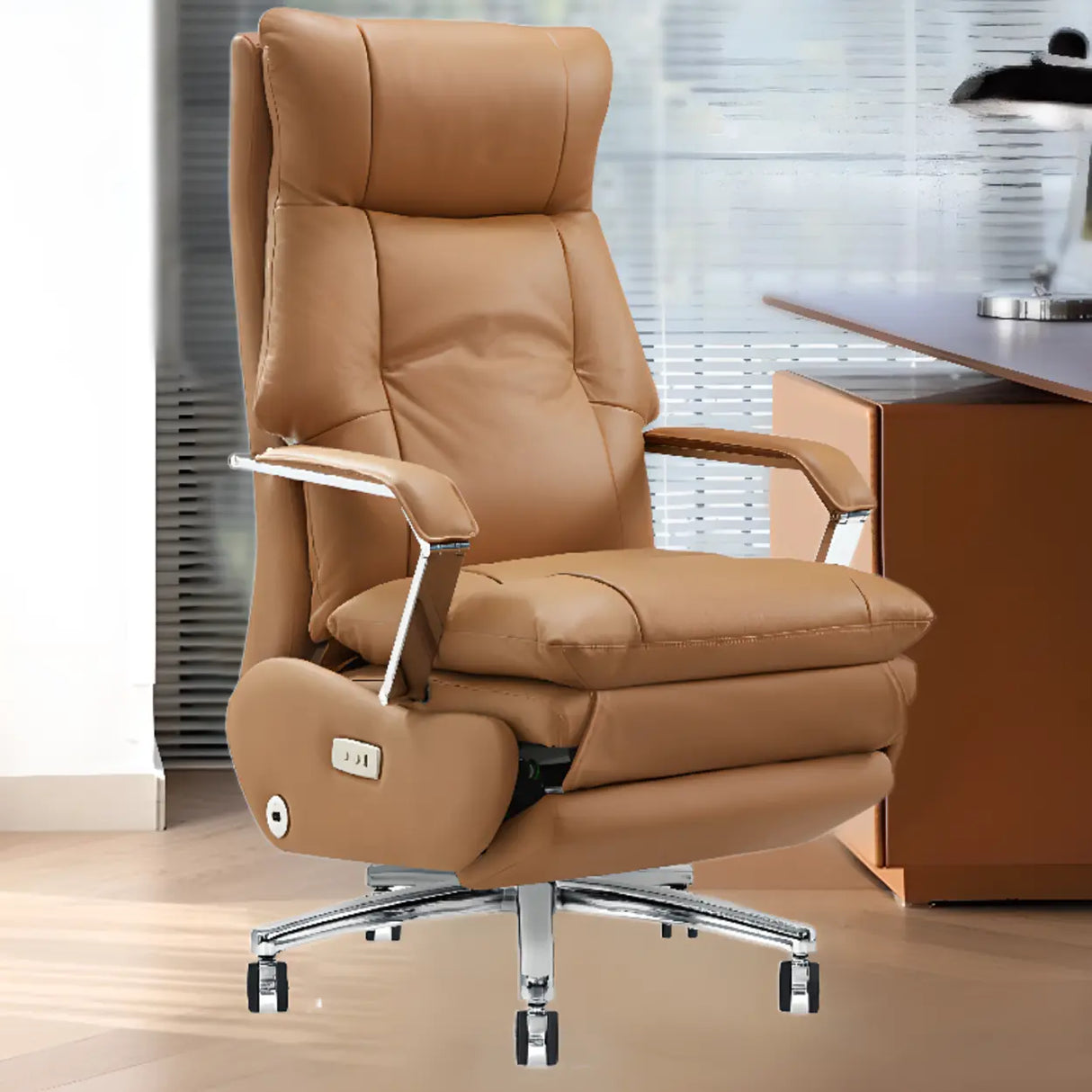Simplistic Ergonomic Cowhide Executive Orange Office Chair Image - 9