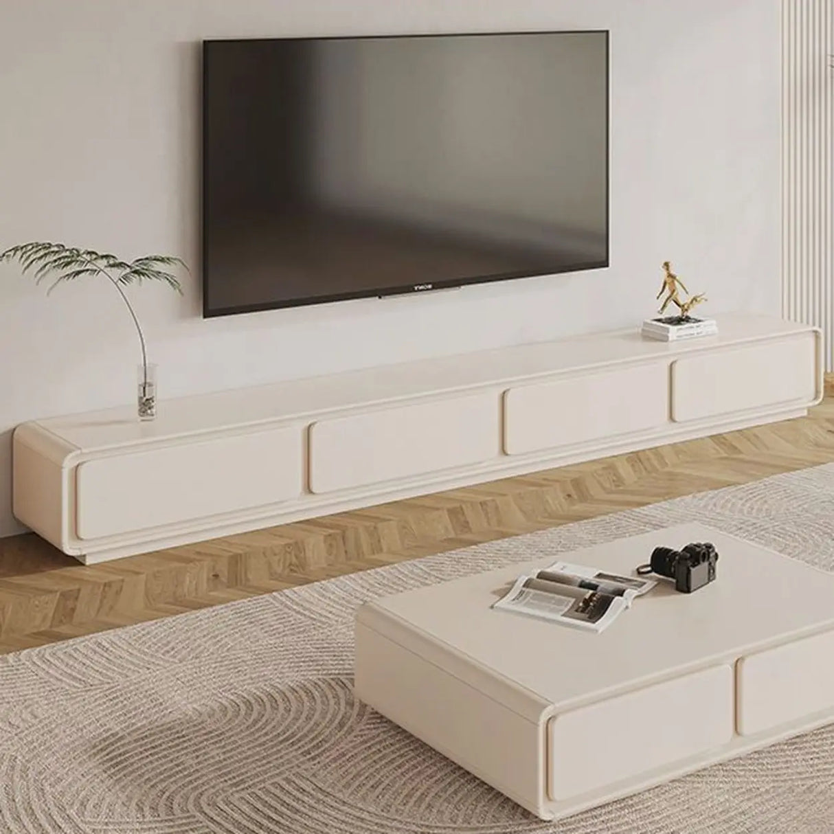Simplistic White Wooden Drawers Rectangle TV Stand Image - 1