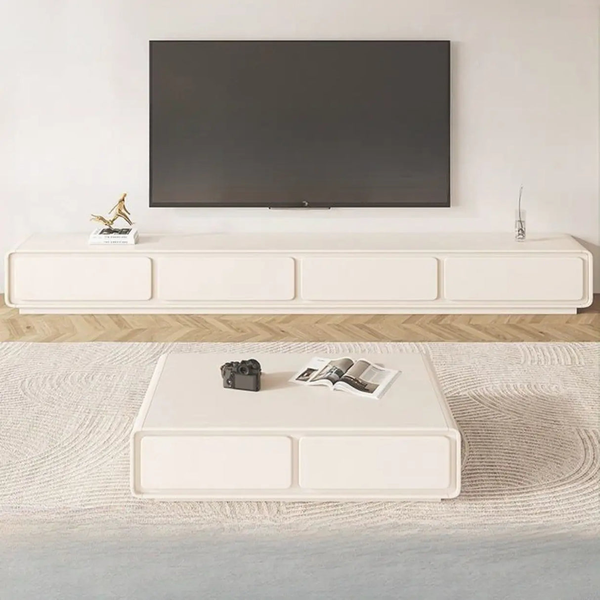 Simplistic White Wooden Drawers Rectangle TV Stand Image - 5