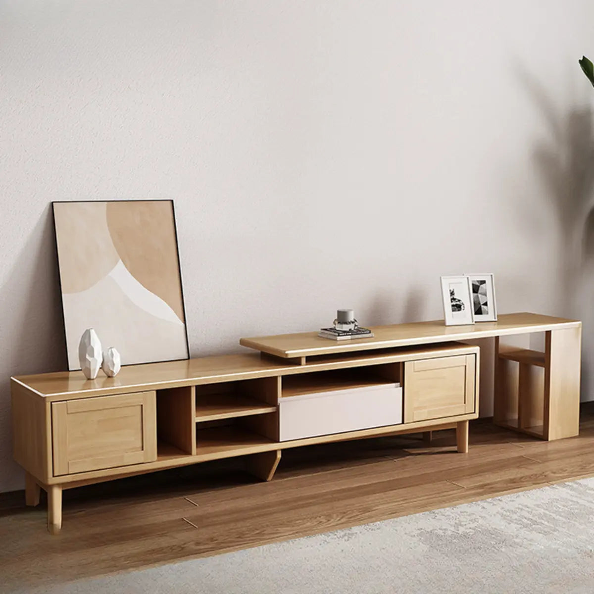 Simplistic Wood Color Open Storage Long TV Stand Image - 1