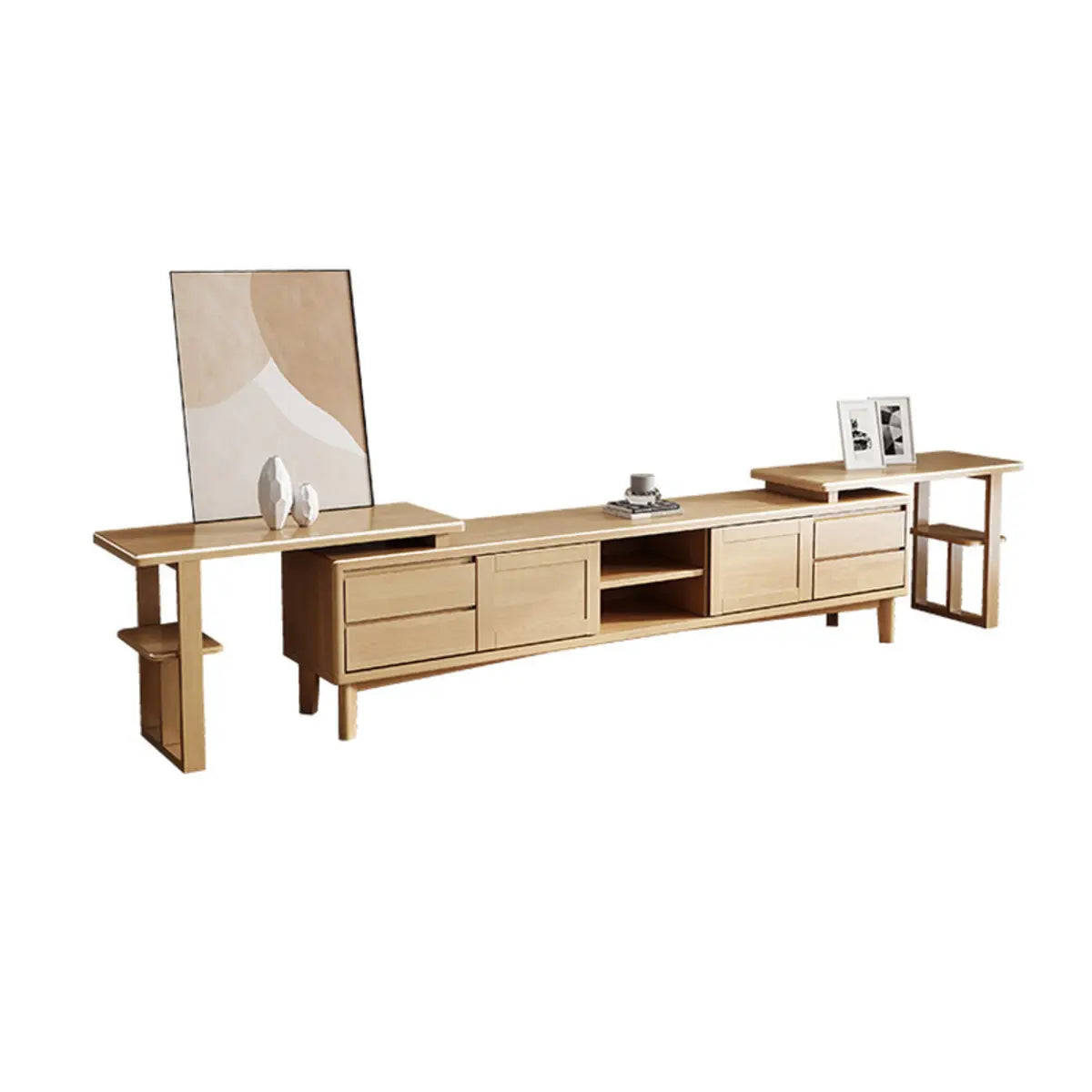 Simplistic Wood Color Open Storage Long TV Stand Image - 12