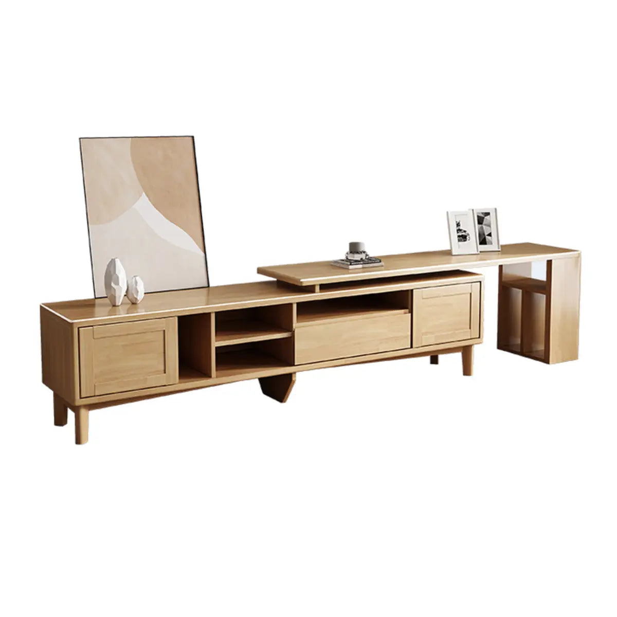 Simplistic Wood Color Open Storage Long TV Stand Image - 15