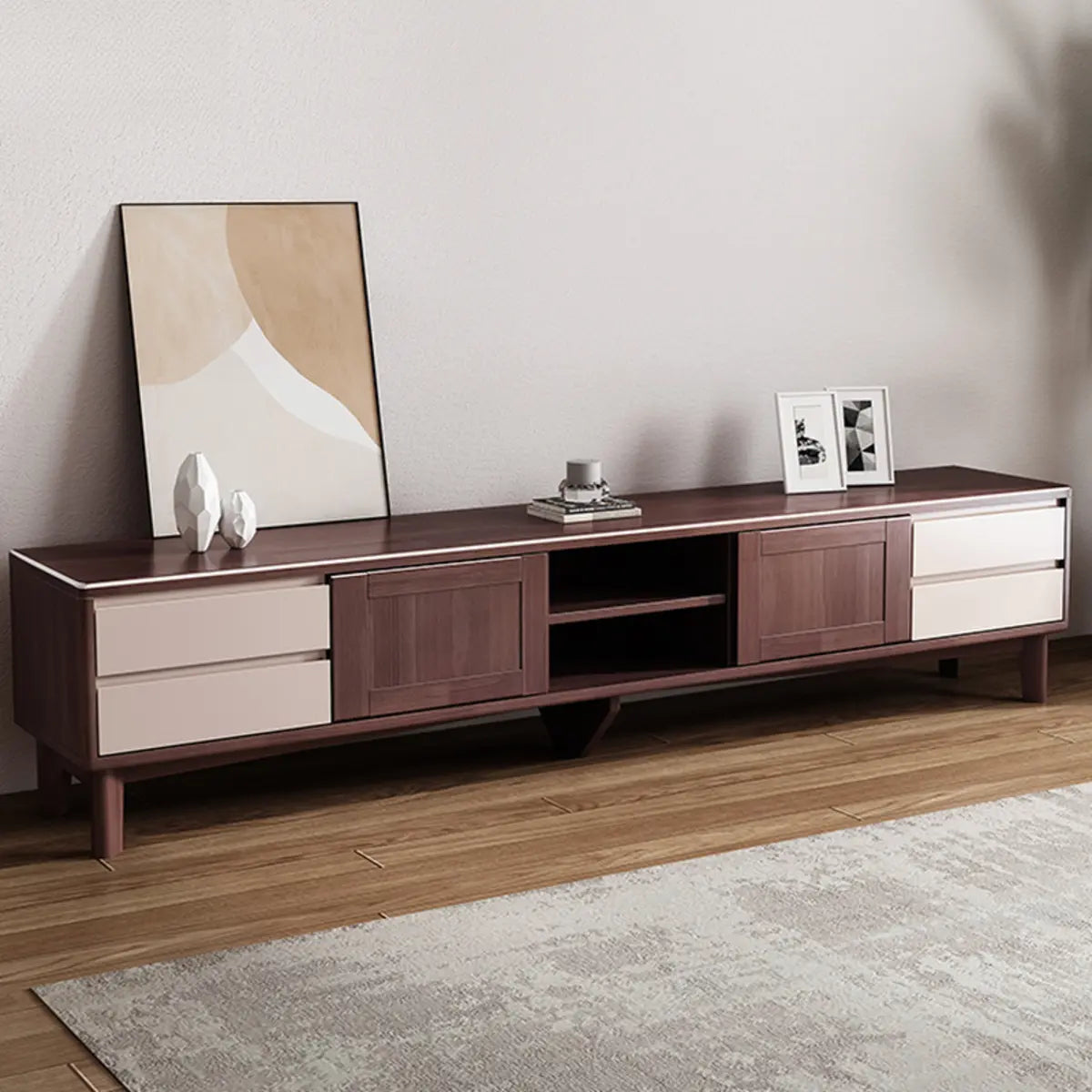 Simplistic Wood Color Open Storage Long TV Stand Image - 17