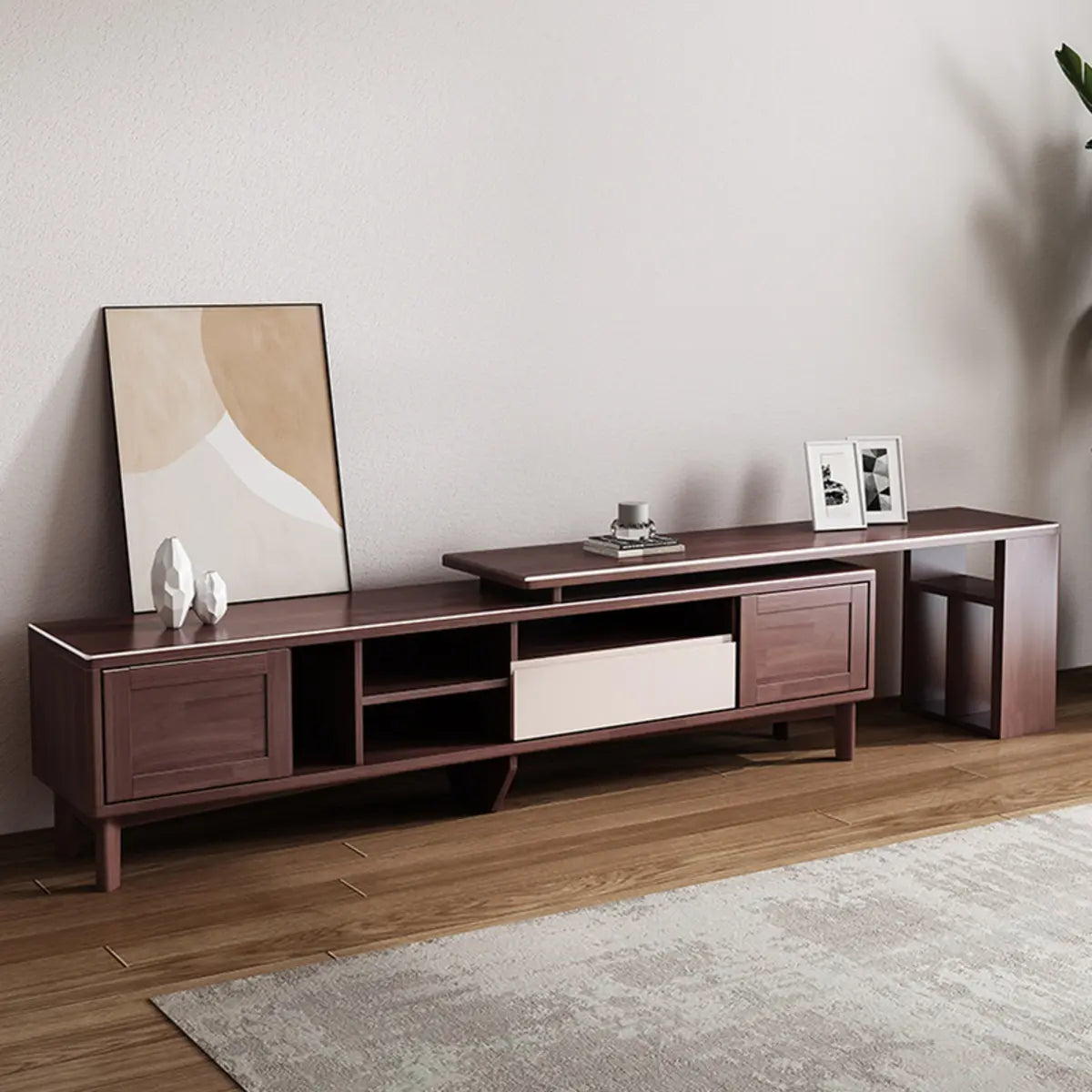 Simplistic Wood Color Open Storage Long TV Stand Image - 3