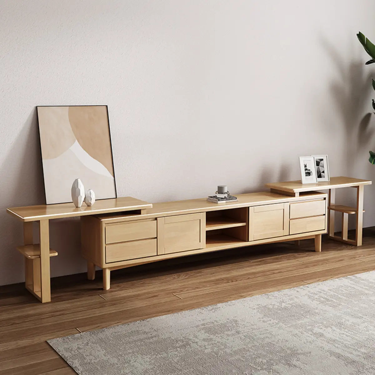 Simplistic Wood Color Open Storage Long TV Stand Image - 4