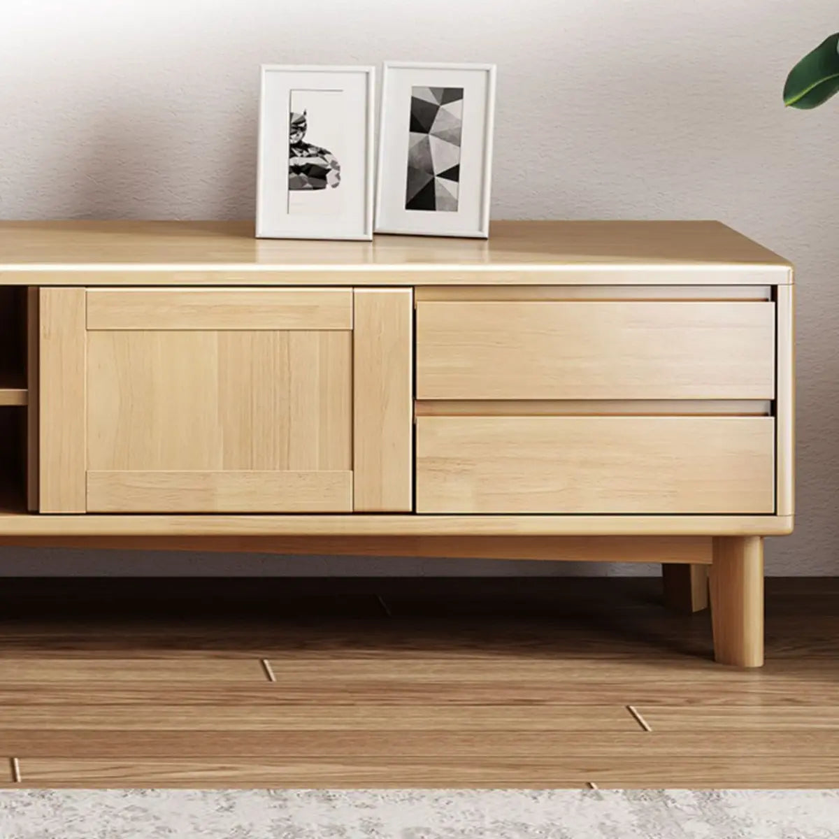 Simplistic Wood Color Open Storage Long TV Stand Image - 5