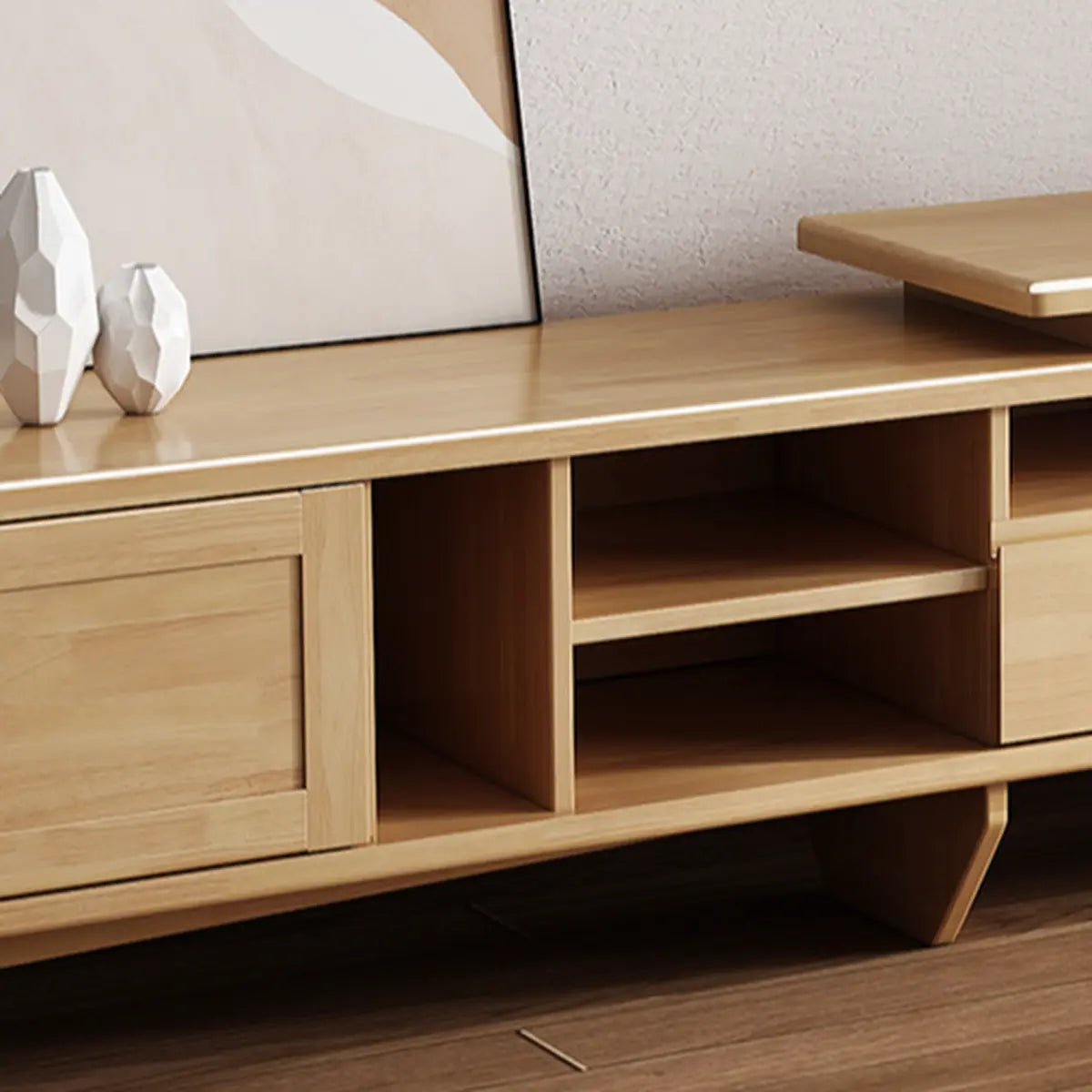 Simplistic Wood Color Open Storage Long TV Stand Image - 8