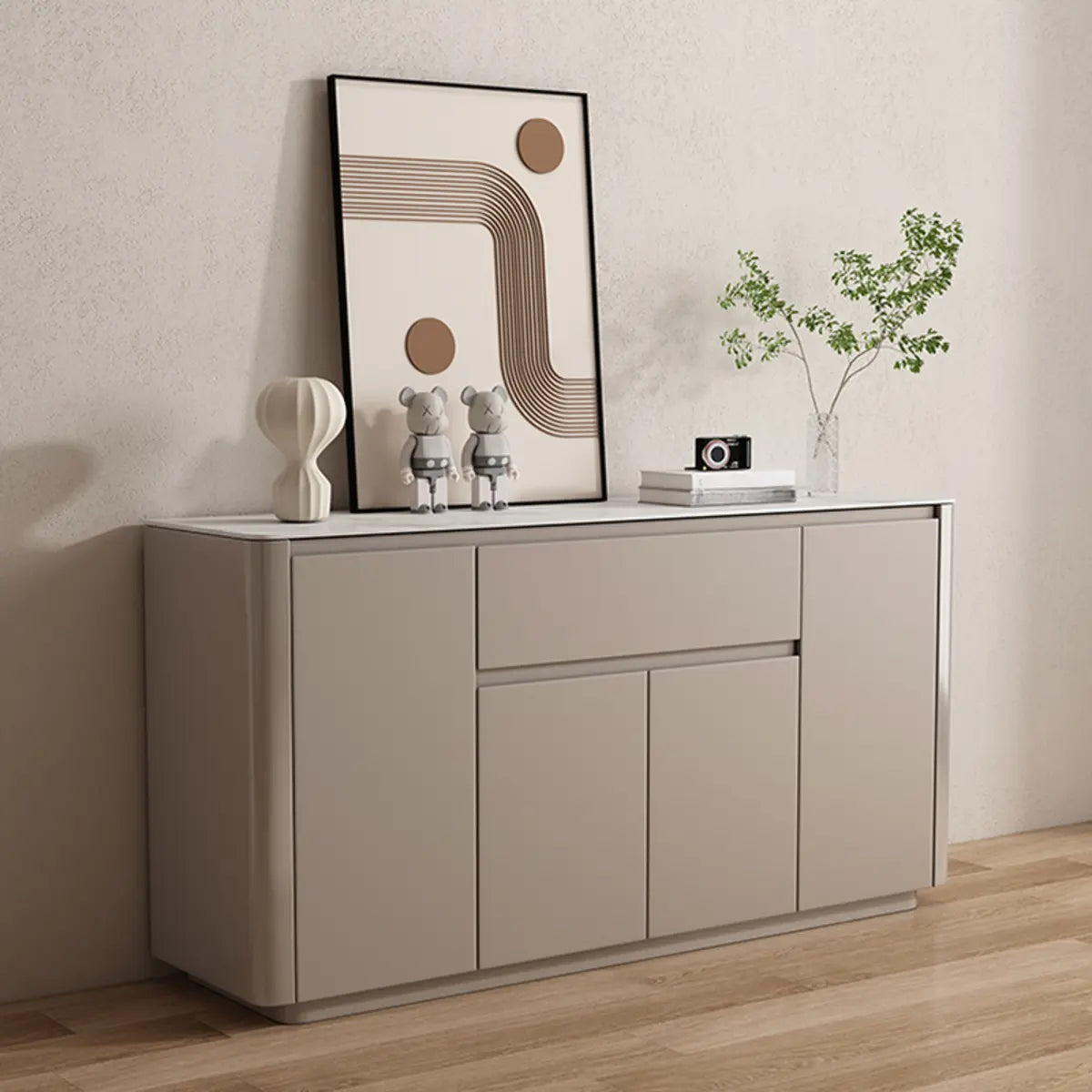 Sintered Stone Top Wood White Drawers and Shelves Buffet Image - 6