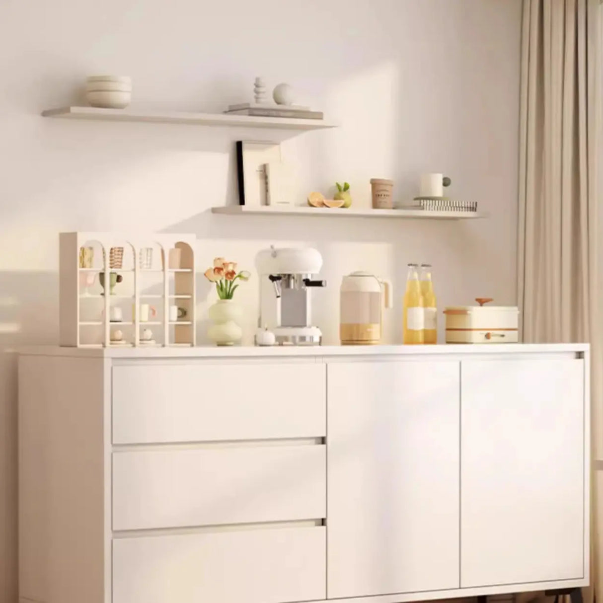 Slab Wood White Medium Storage Sideboard with Drawers Image - 10