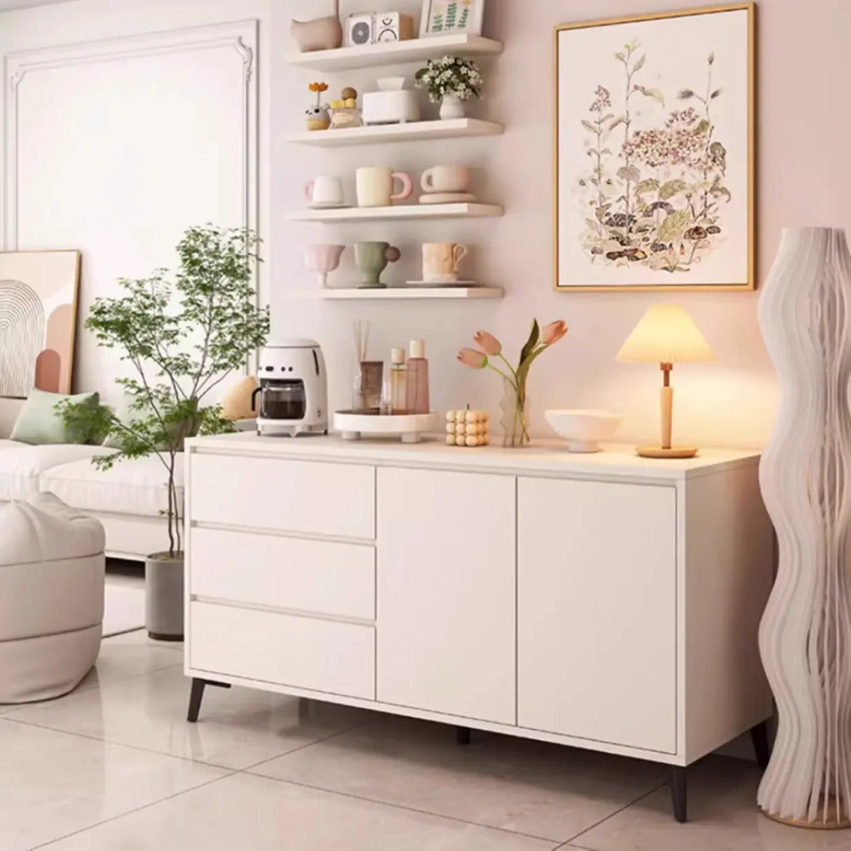 Slab Wood White Medium Storage Sideboard with Drawers Image - 12