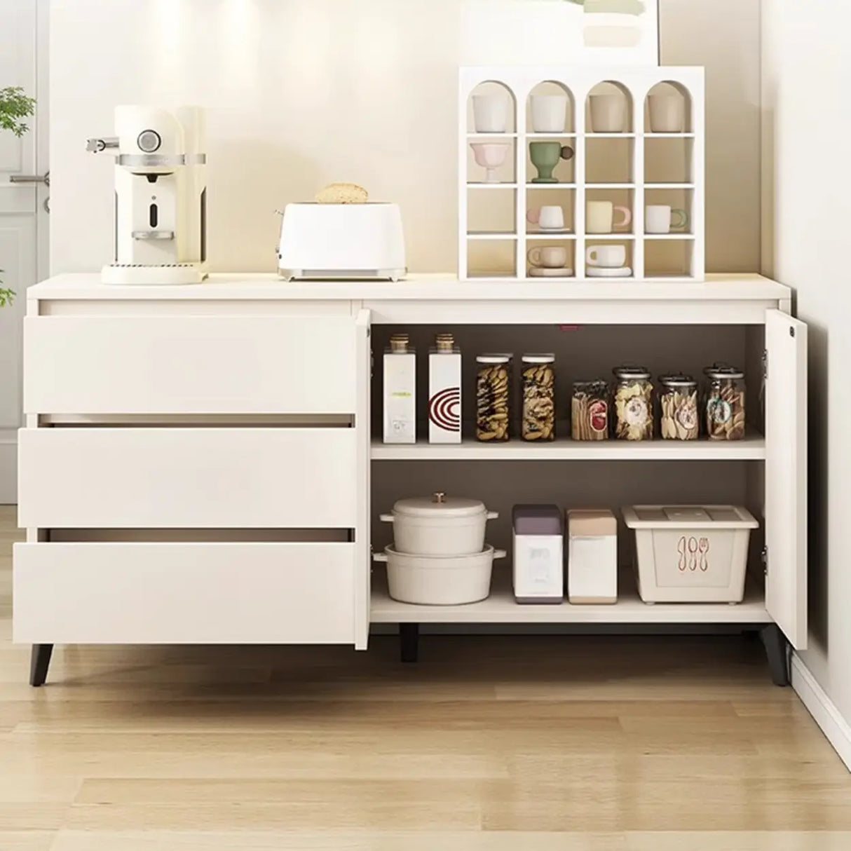 Slab Wood White Medium Storage Sideboard with Drawers Image - 13