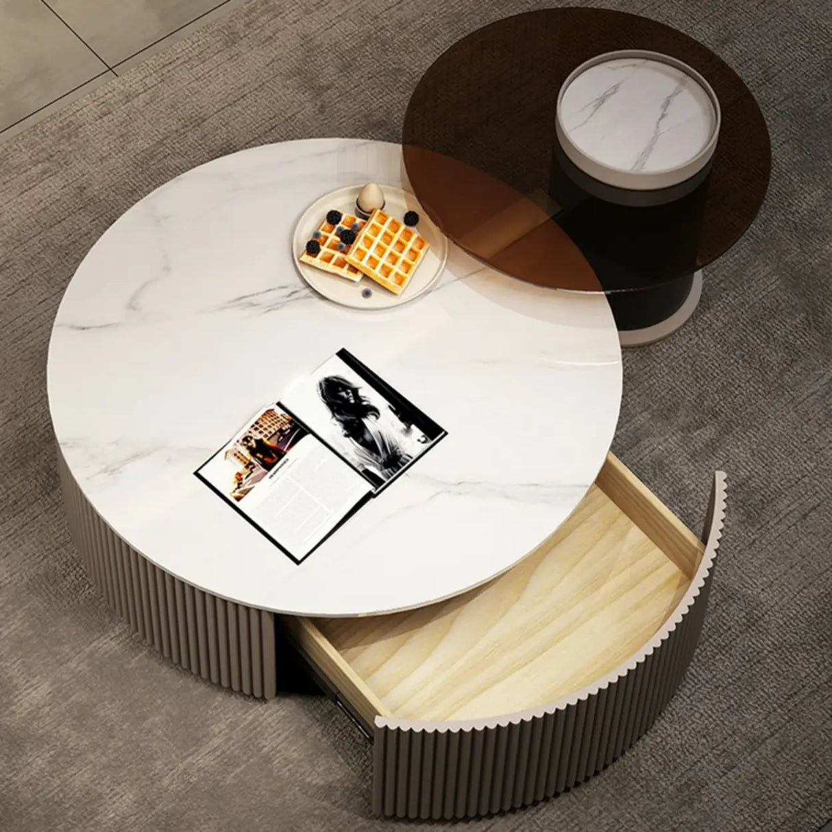 Slate Glass Round Drum Base Coffee Table with Storage Image - 13