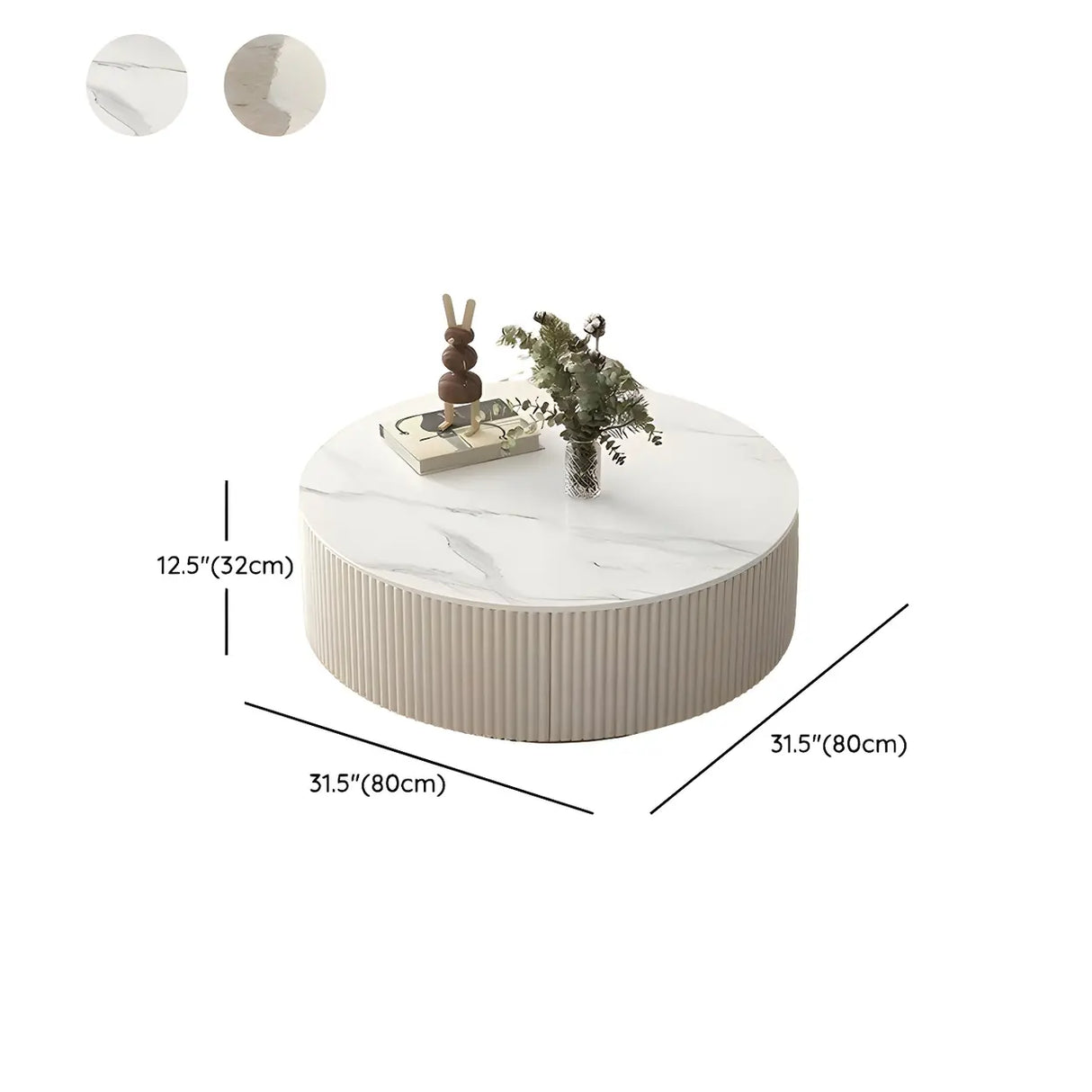 Slate Glass Round Drum Base Coffee Table with Storage