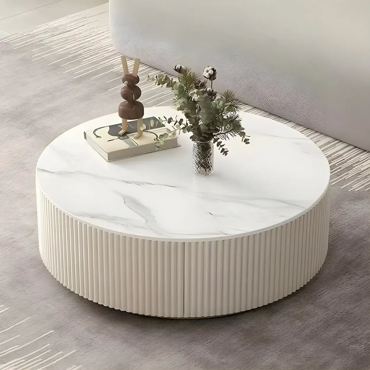 Slate Glass Round Drum Base Coffee Table with Storage Image - 2