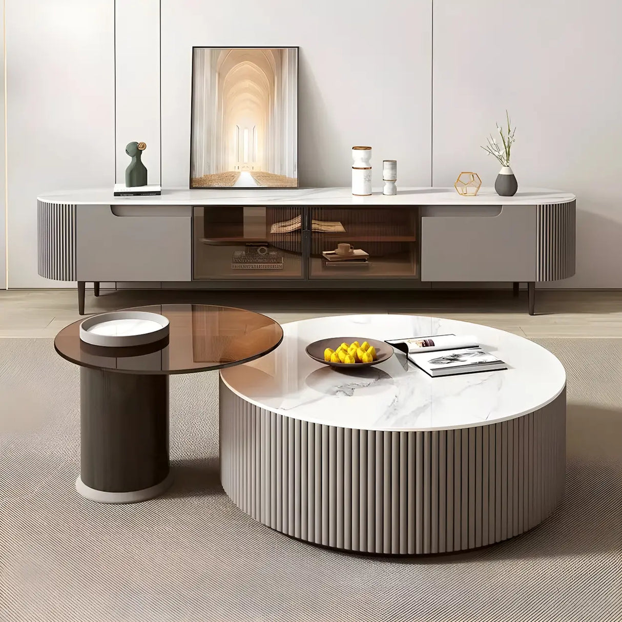 Slate Glass Round Drum Base Coffee Table with Storage Image - 4