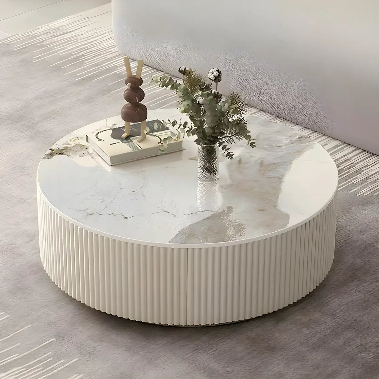 Slate Glass Round Drum Base Coffee Table with Storage Image - 5