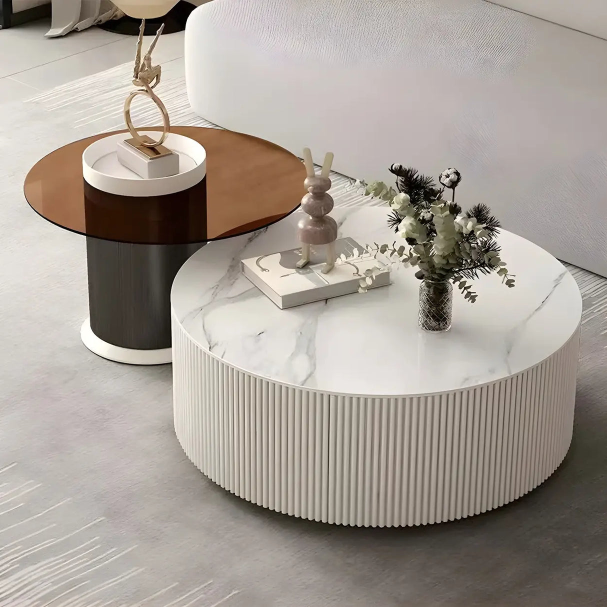 Slate Glass Round Drum Base Coffee Table with Storage Image - 6