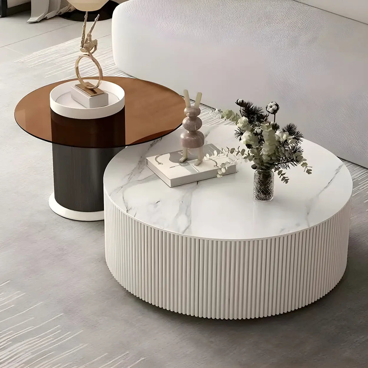 Slate Glass Round Drum Base Coffee Table with Storage Image - 7