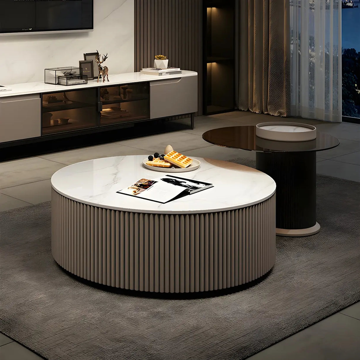 Slate Glass Round Drum Base Coffee Table with Storage Image - 8