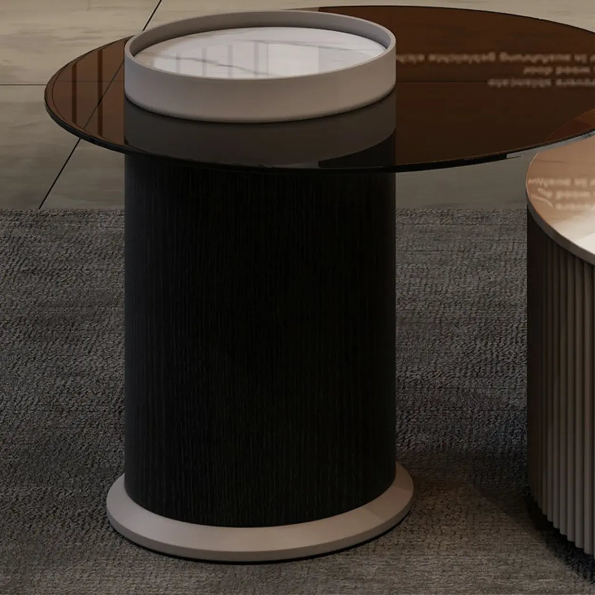 Slate Glass Round Drum Base Coffee Table with Storage Image - 10