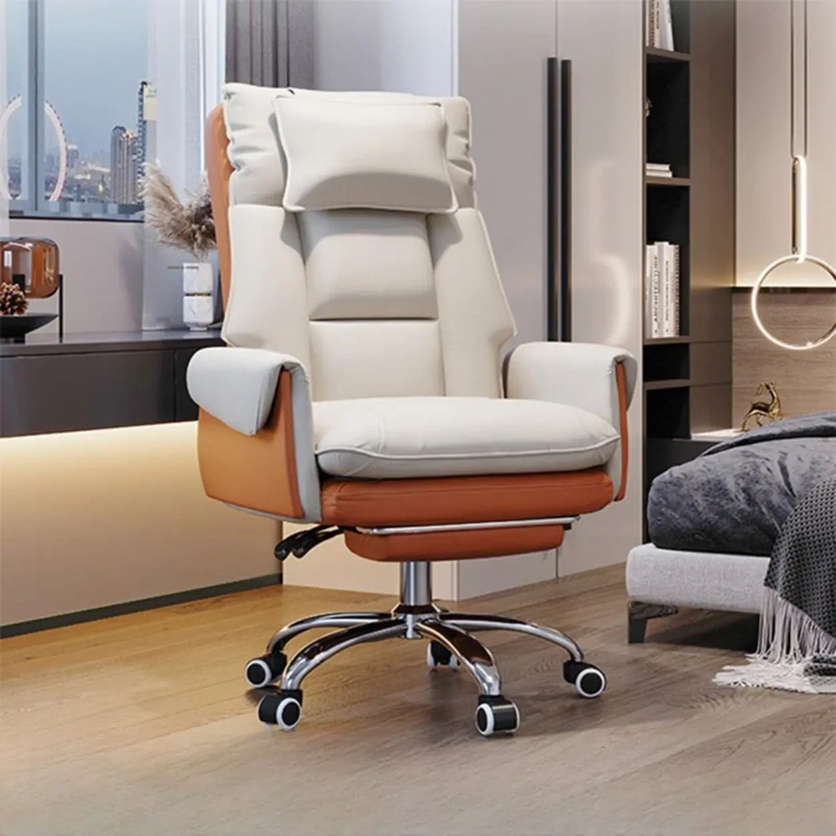 Sleek Beige Adjustable Ergonomic Leather Executive Chair Image - 1