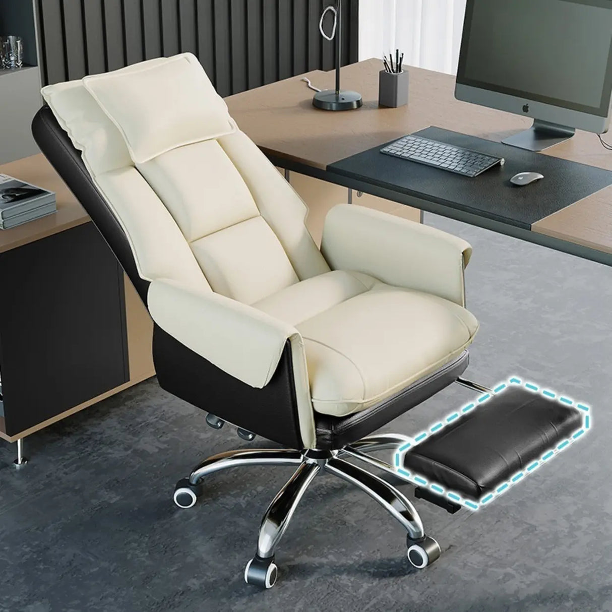 Sleek Beige Adjustable Ergonomic Leather Executive Chair Image - 12