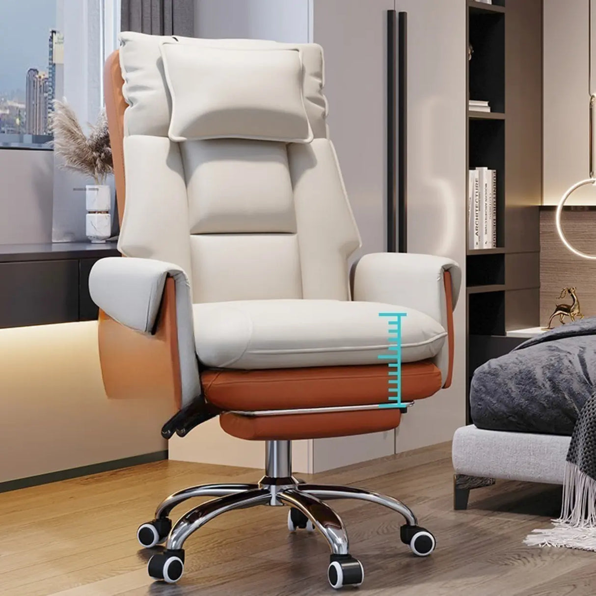 Sleek Beige Adjustable Ergonomic Leather Executive Chair Image - 14