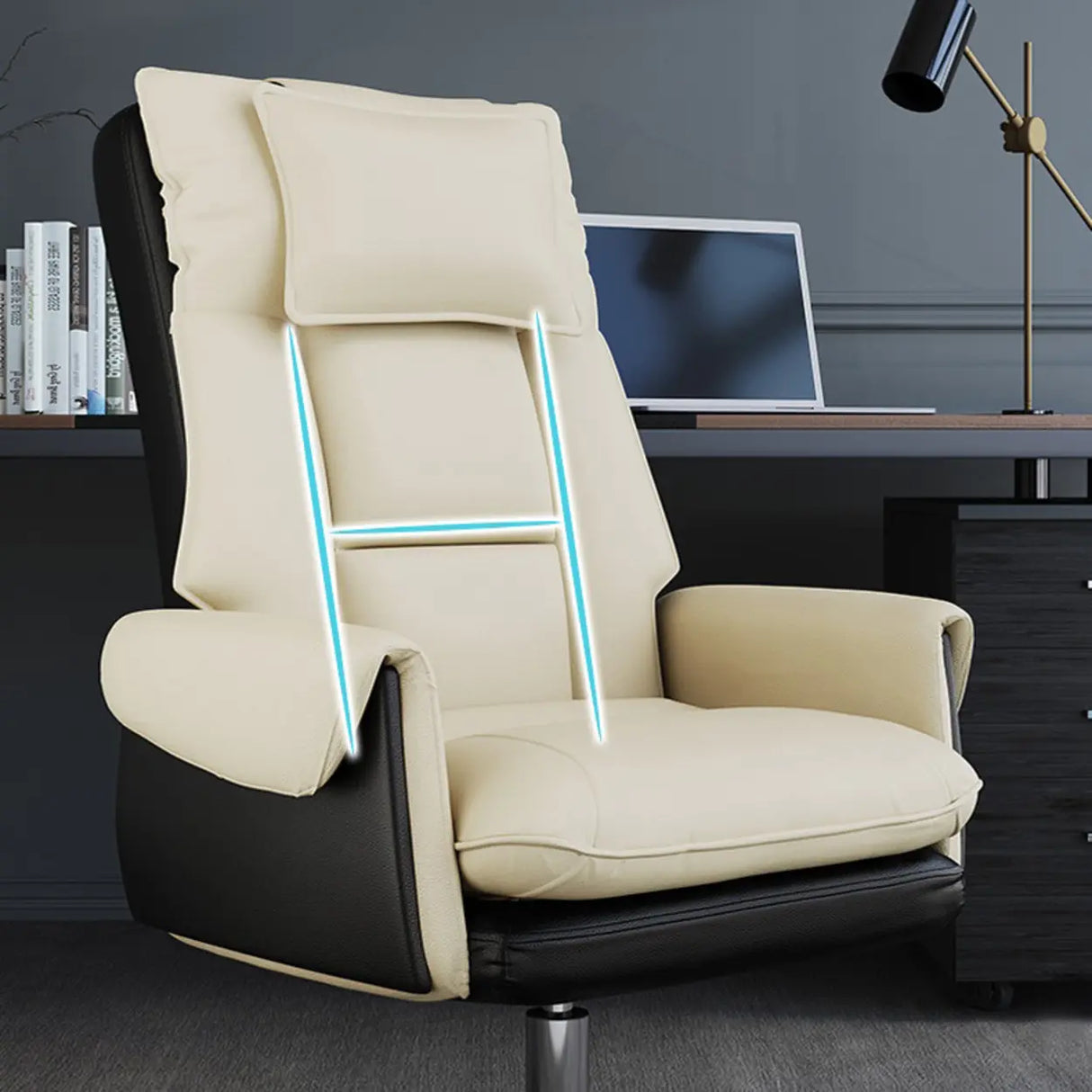Sleek Beige Adjustable Ergonomic Leather Executive Chair Image - 16