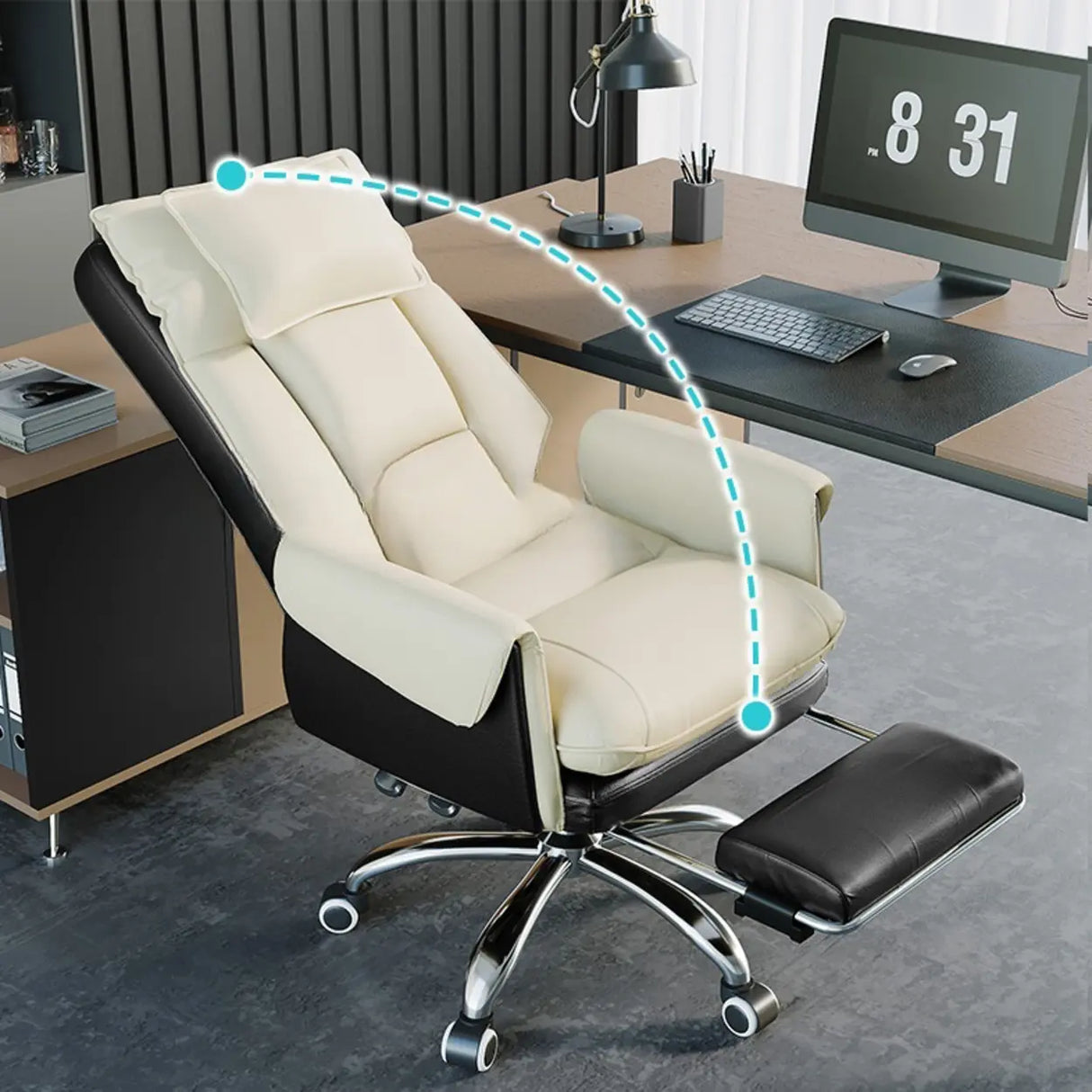 Sleek Beige Adjustable Ergonomic Leather Executive Chair Image - 18