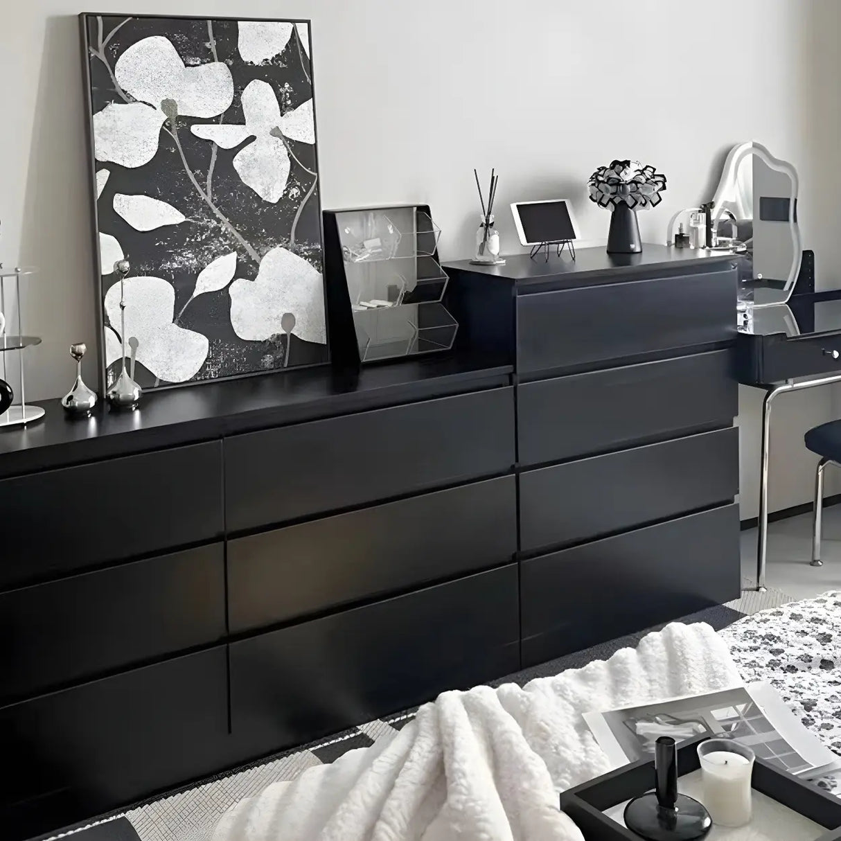 Sleek Black Drawers Wooden Dresser for Bedroom Image - 3