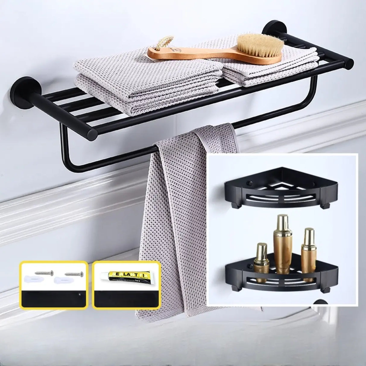 Sleek Black Metal Bathroom Organizer Set with Hooks Image - 22