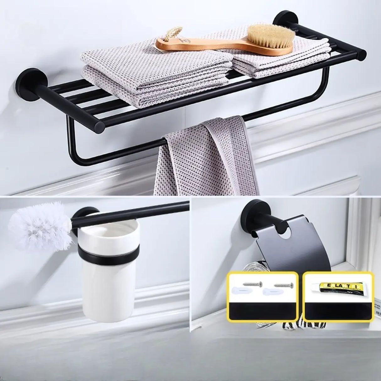 Sleek Black Metal Bathroom Organizer Set with Hooks Image - 23