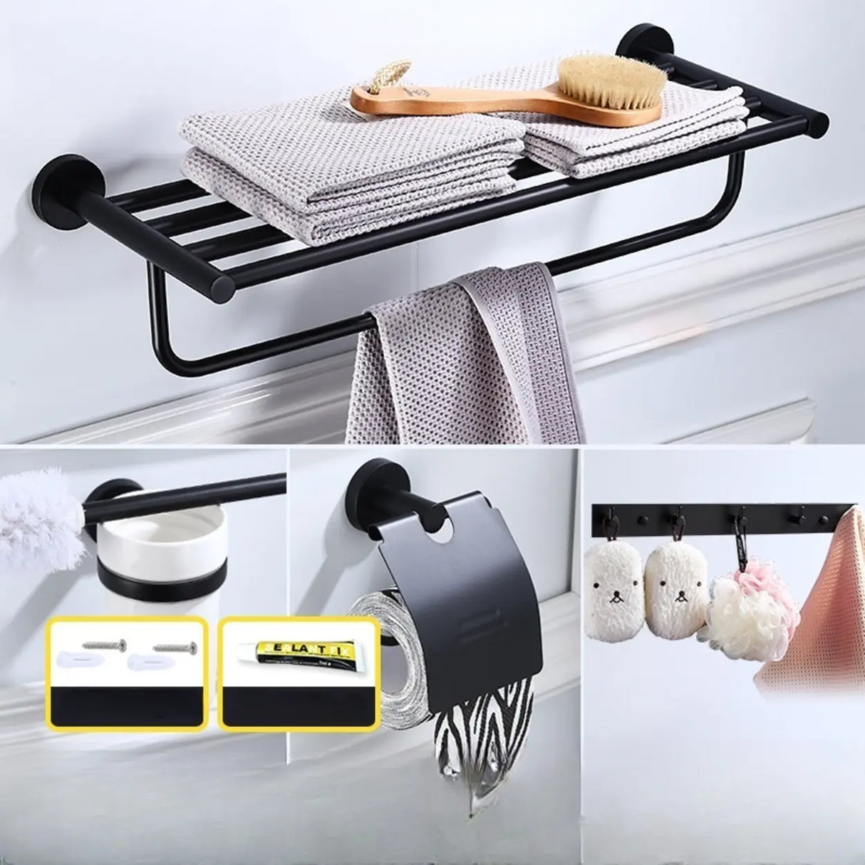 Sleek Black Metal Bathroom Organizer Set with Hooks Image - 24