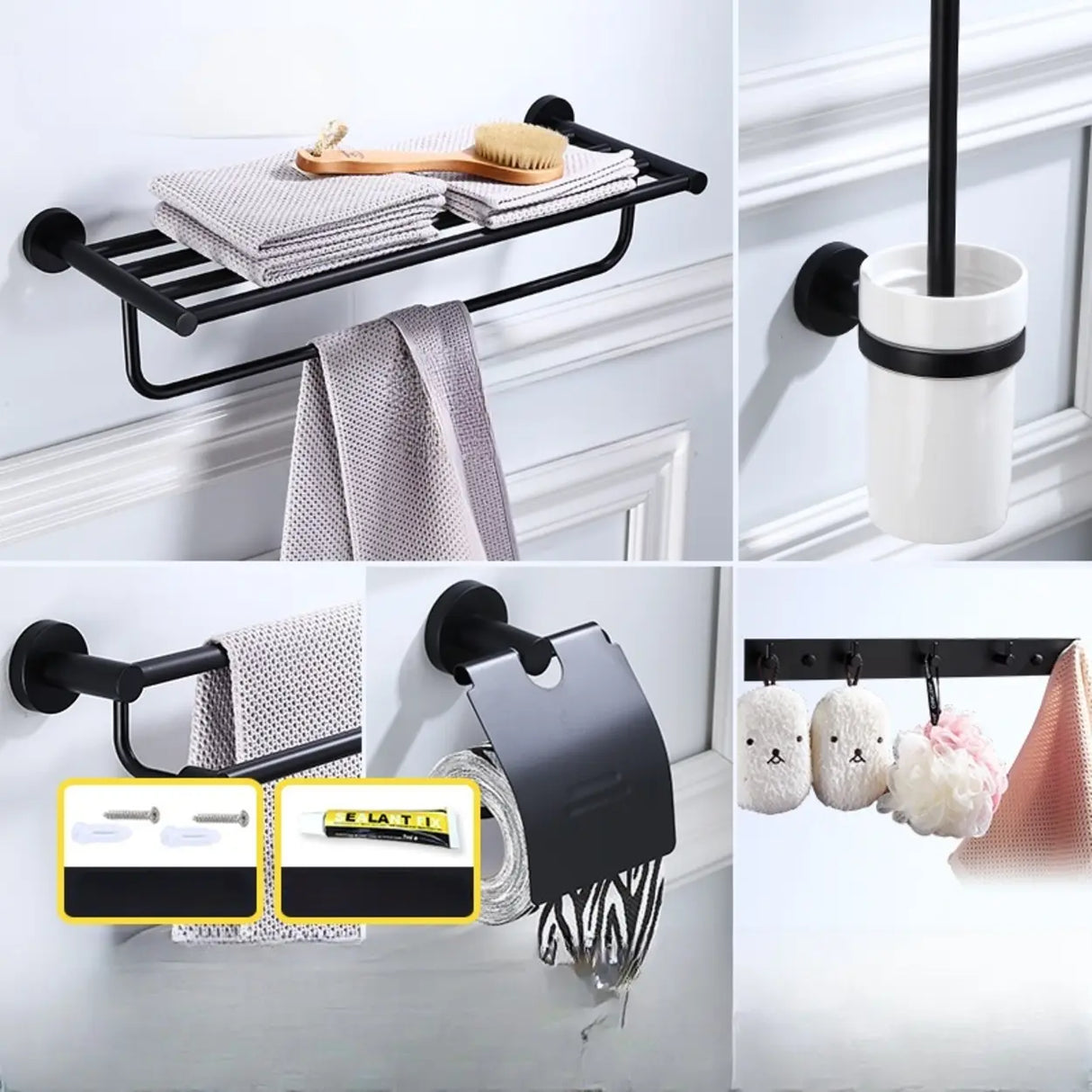 Sleek Black Metal Bathroom Organizer Set with Hooks Image - 25