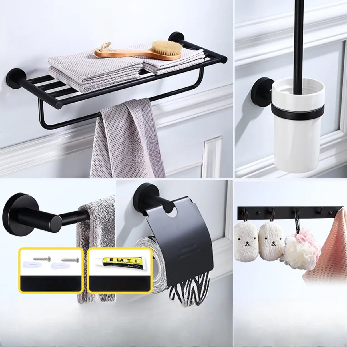 Sleek Black Metal Bathroom Organizer Set with Hooks Image - 26