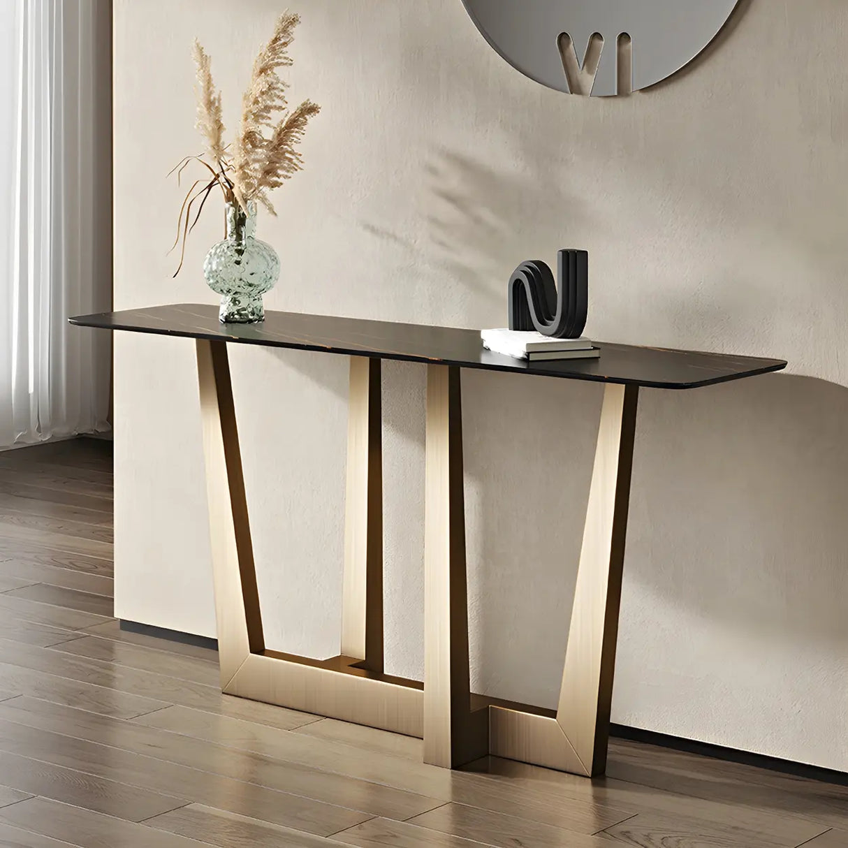 Sleek Black Stone Top Gold Abstract Frame Console Table Image - 2