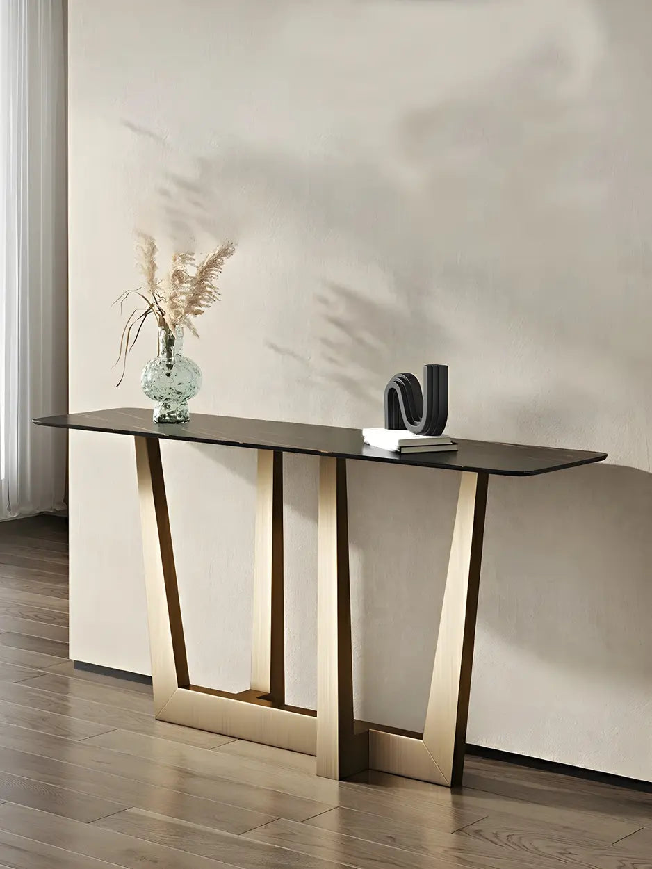 Sleek Black Stone Top Gold Abstract Frame Console Table Image - 5