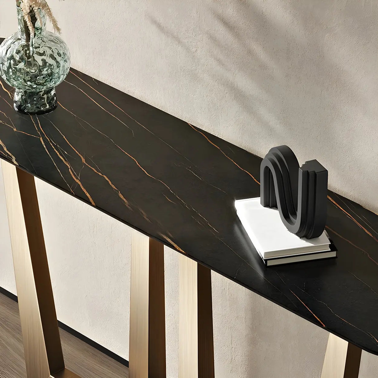 Sleek Black Stone Top Gold Abstract Frame Console Table Image - 7
