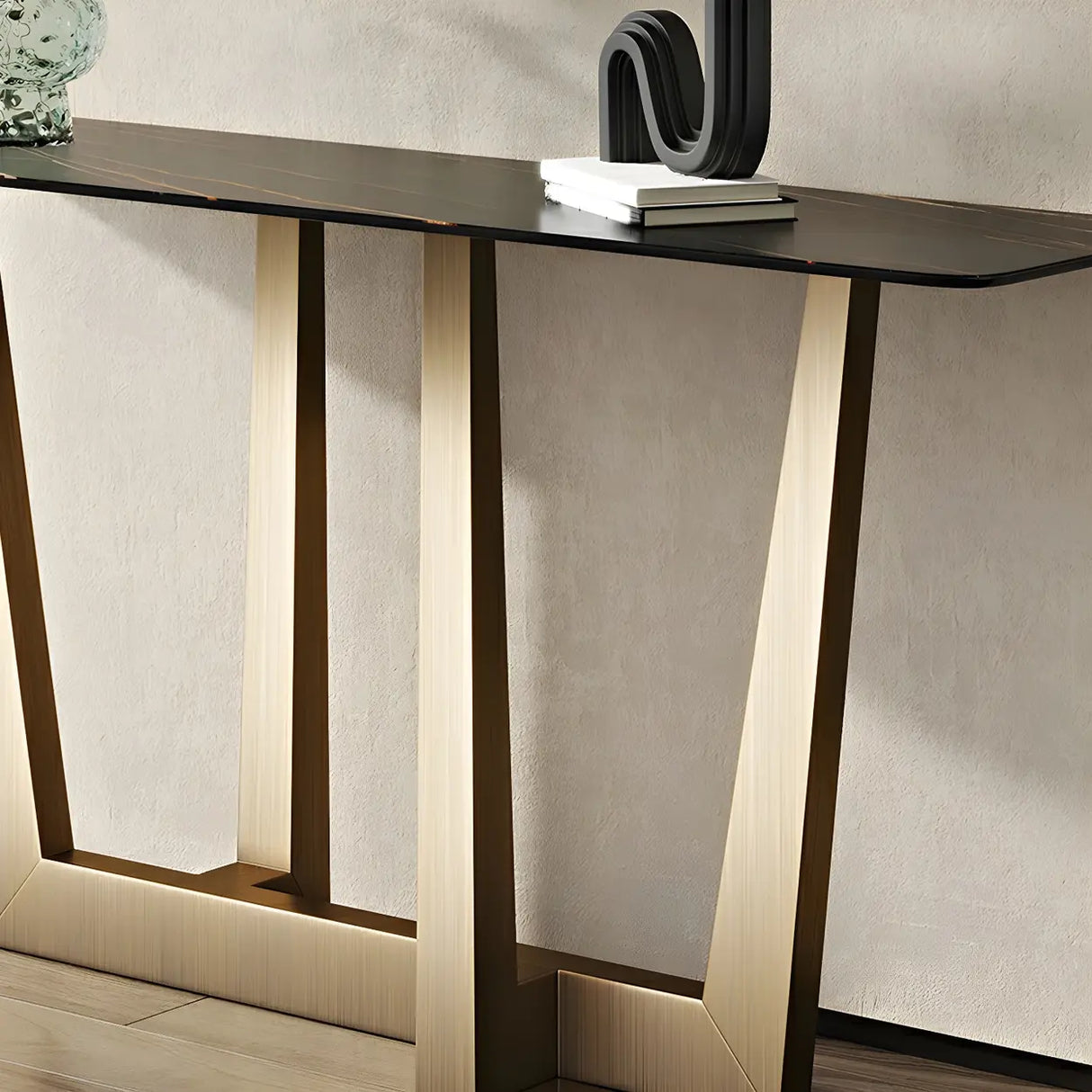 Sleek Black Stone Top Gold Abstract Frame Console Table Image - 9