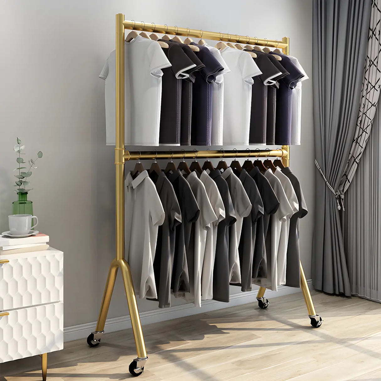 Sleek Dual Rods Gold Metal Rolling Hallway Coat Rack Image - 1