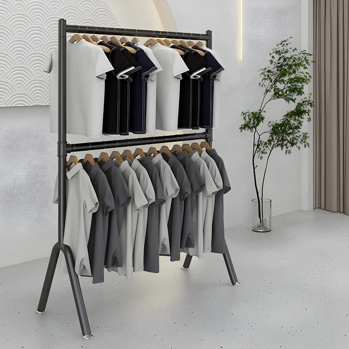 Sleek Dual Rods Gold Metal Rolling Hallway Coat Rack Image - 10