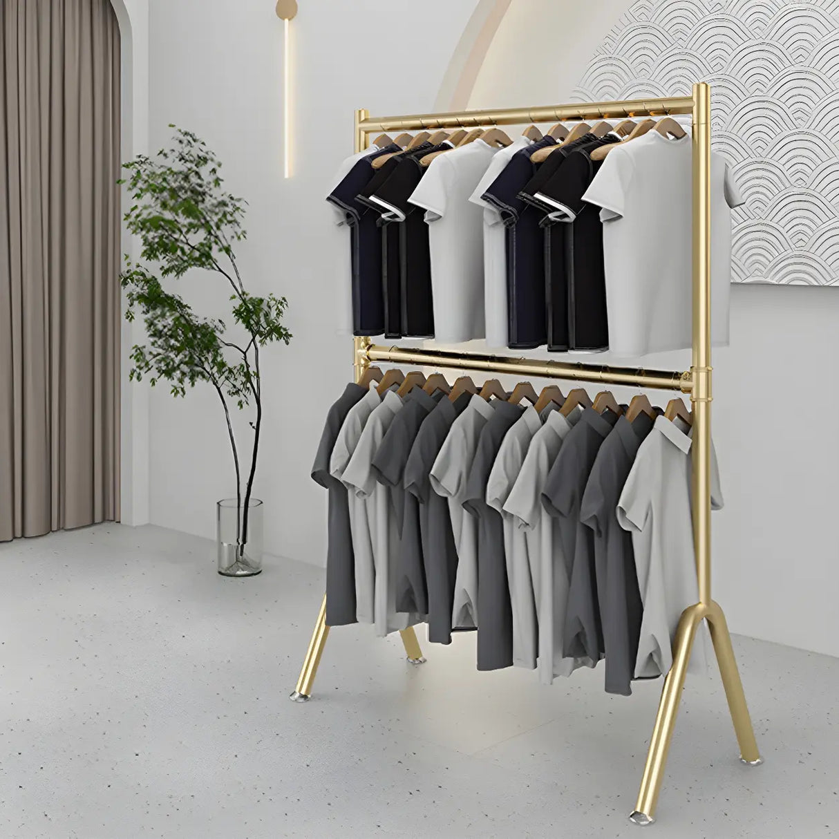 Sleek Dual Rods Gold Metal Rolling Hallway Coat Rack Image - 11