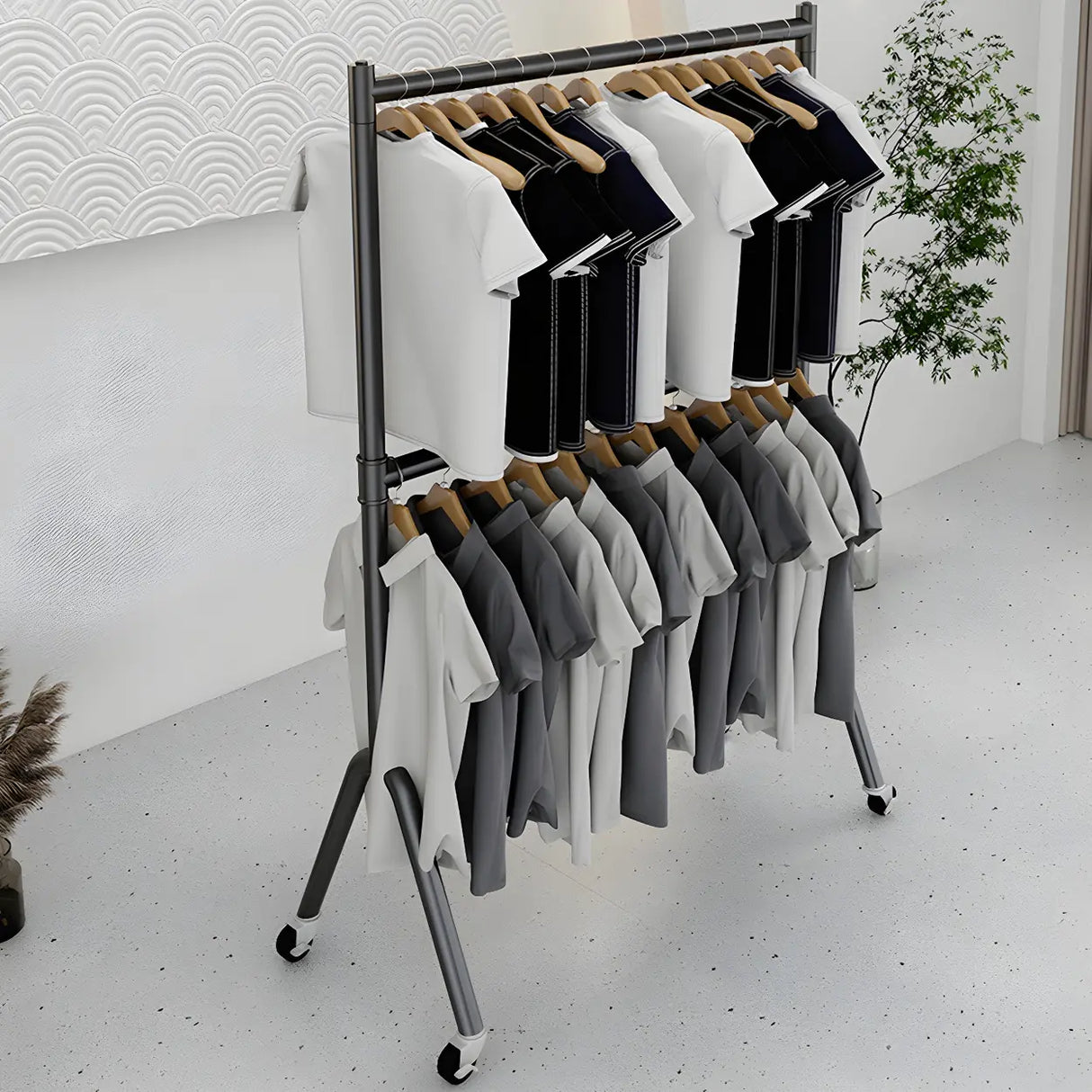 Sleek Dual Rods Gold Metal Rolling Hallway Coat Rack Image - 3