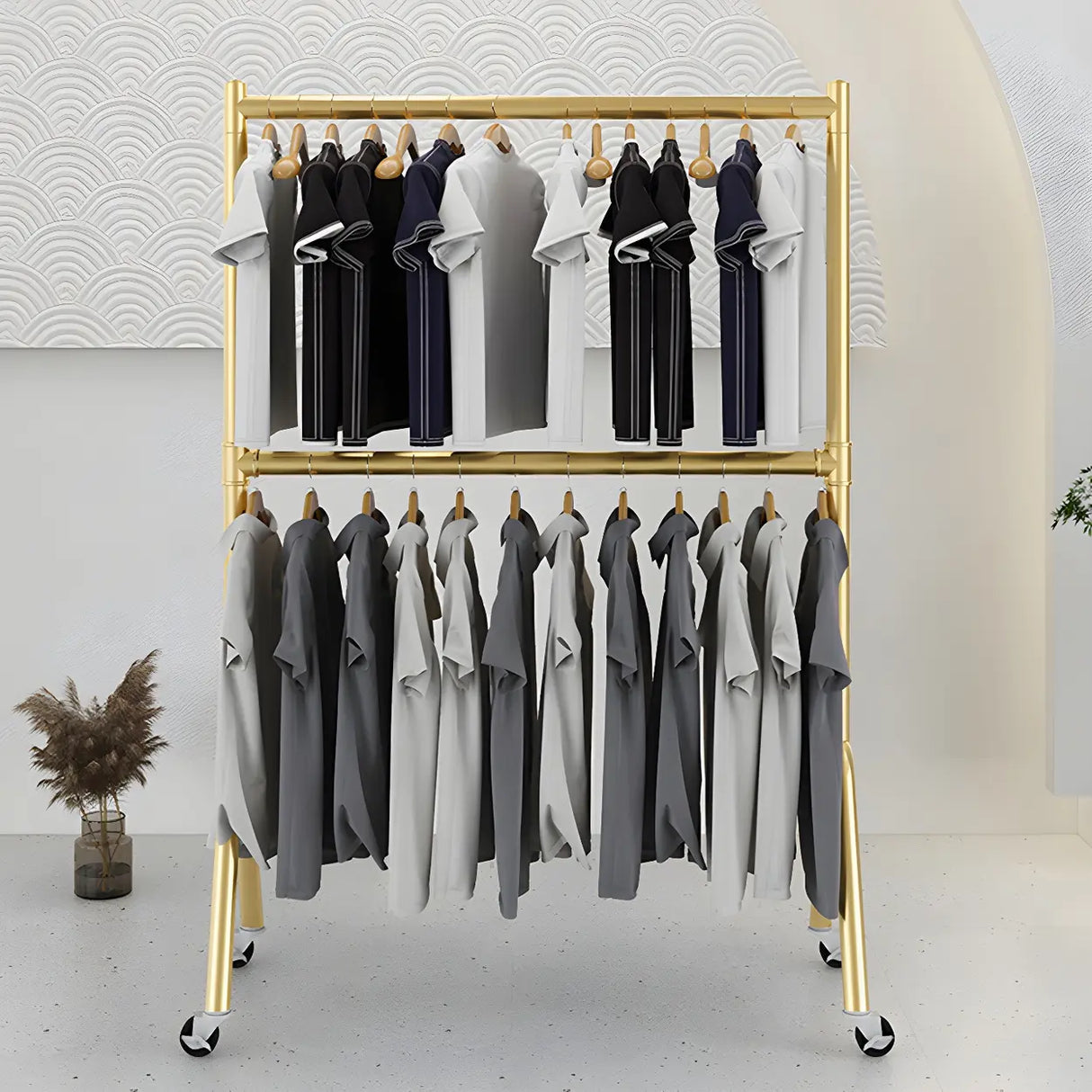 Sleek Dual Rods Gold Metal Rolling Hallway Coat Rack Image - 4