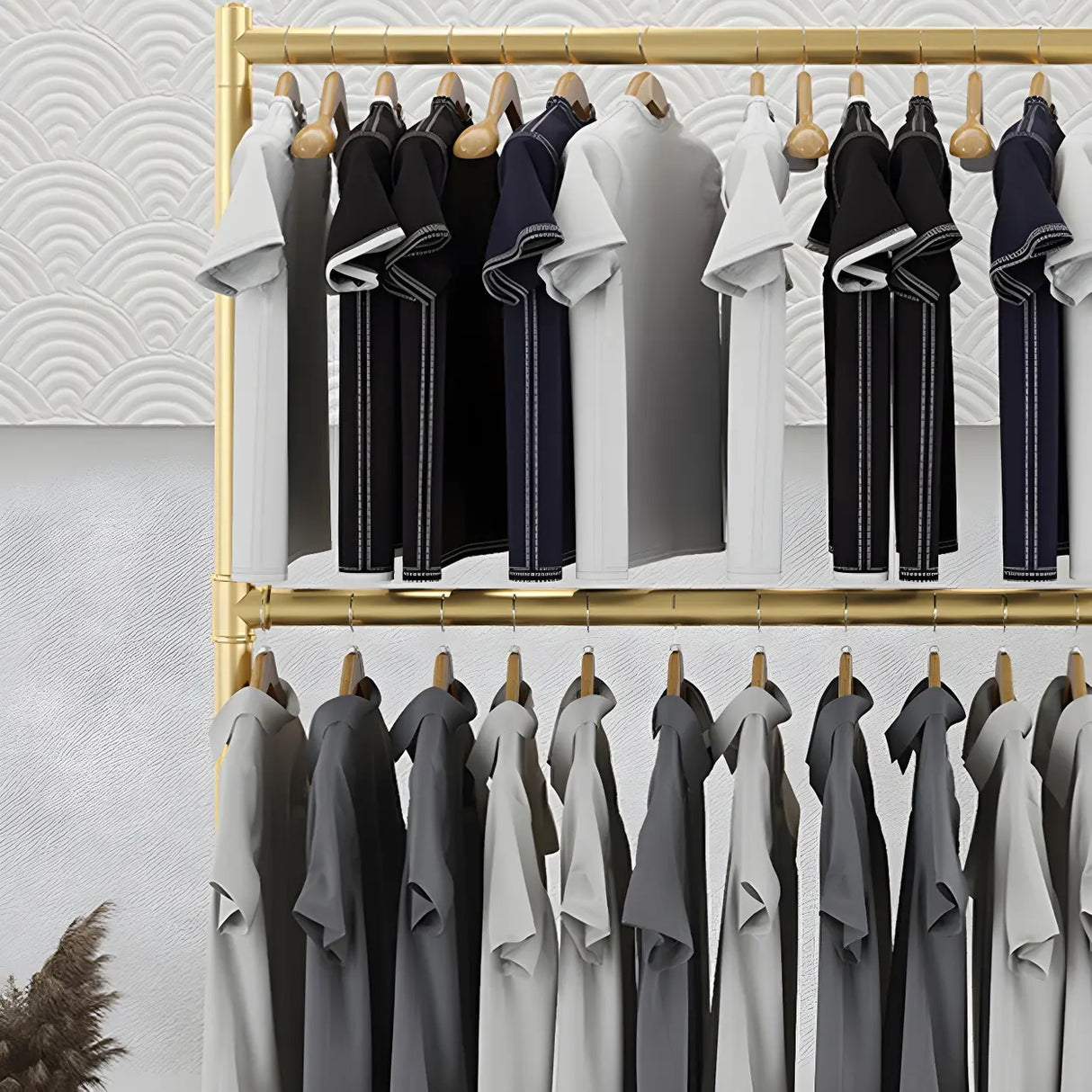 Sleek Dual Rods Gold Metal Rolling Hallway Coat Rack Image - 8