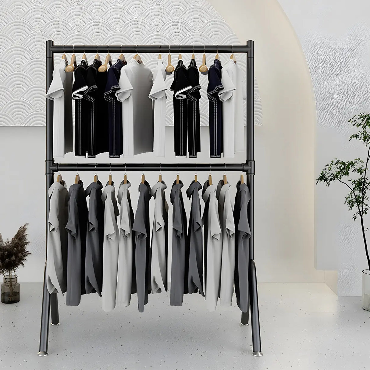 Sleek Dual Rods Gold Metal Rolling Hallway Coat Rack Image - 9